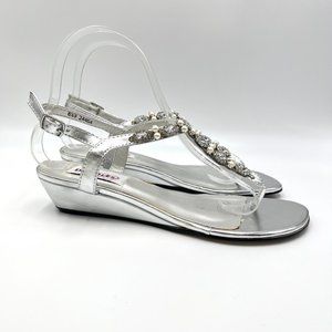 6.5W 6.5 WIDE Dyeables Silver Jeweled T-Strap‎ Low Wedge Dress Sandals Shoes
